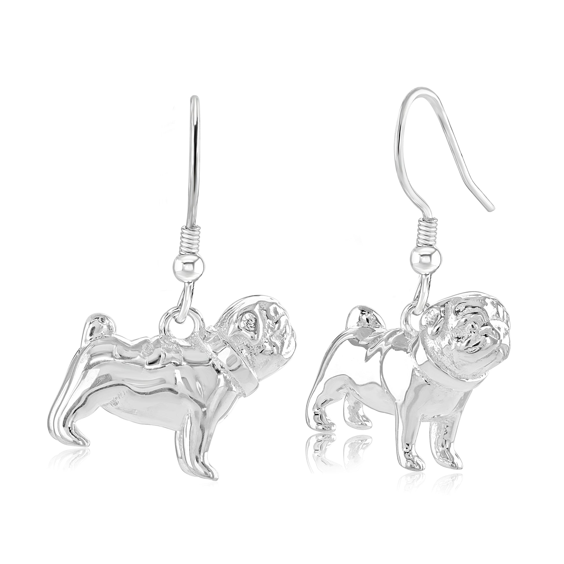 A pair of silver pug-shaped earrings, showing both the hook and huggie hoop styles.