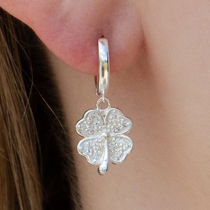 Crystal Four Leaf Clover on Silver Stud Drop Earrings - MYLEE London