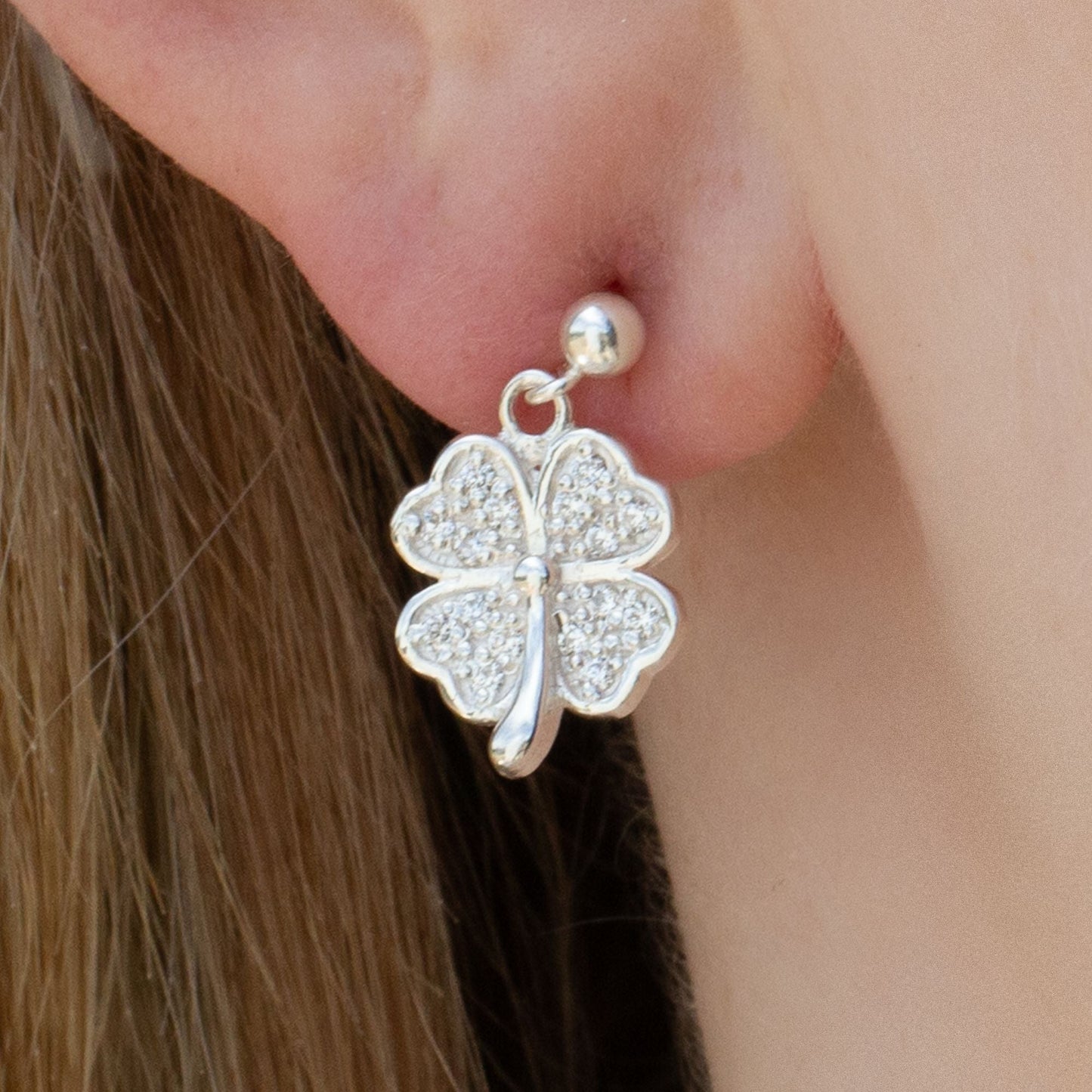 Crystal Four Leaf Clover on Silver Stud Drop Earrings - MYLEE London