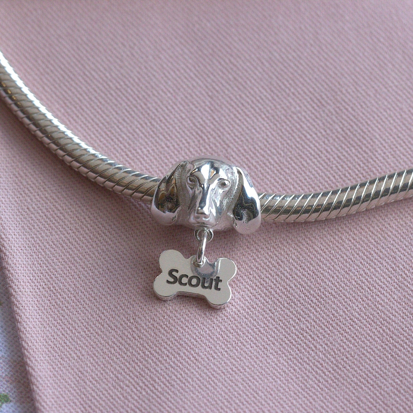 Dachshund Head Silver Charm Bead - Personalised - MYLEE London