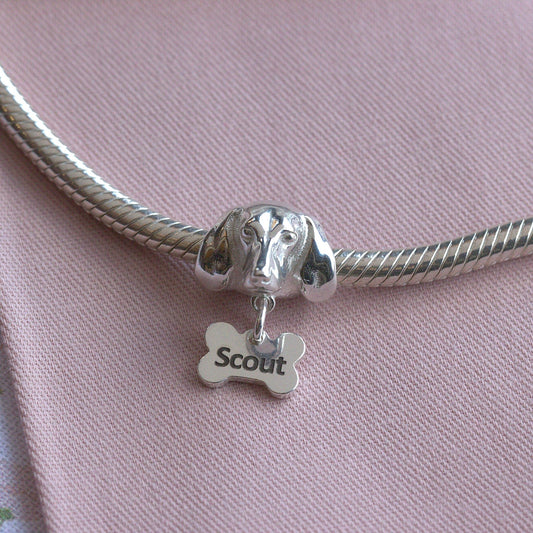 Dachshund Head Silver Charm Bead - Personalised - MYLEE London