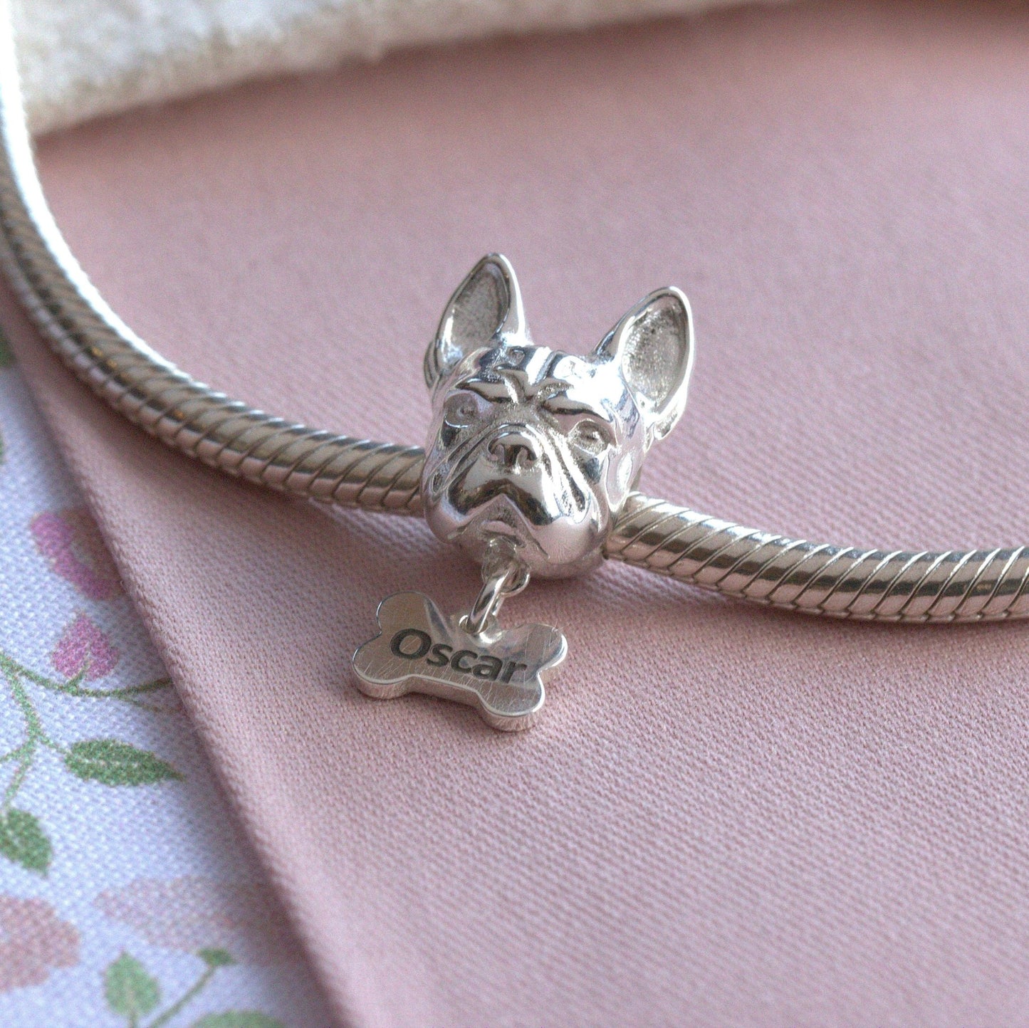 French Bulldog Head Silver Charm Bead - Personalised - MYLEE London