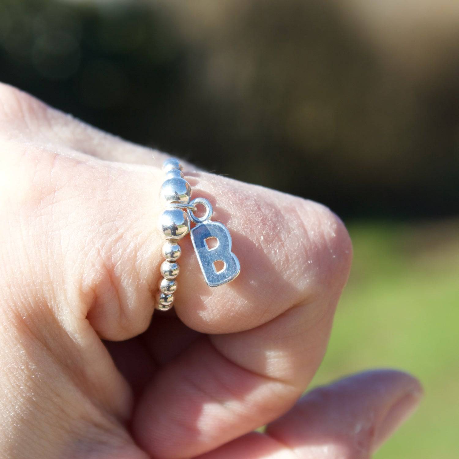 Letter Initial Charm on Silver Ball Bead Ring - MYLEE London