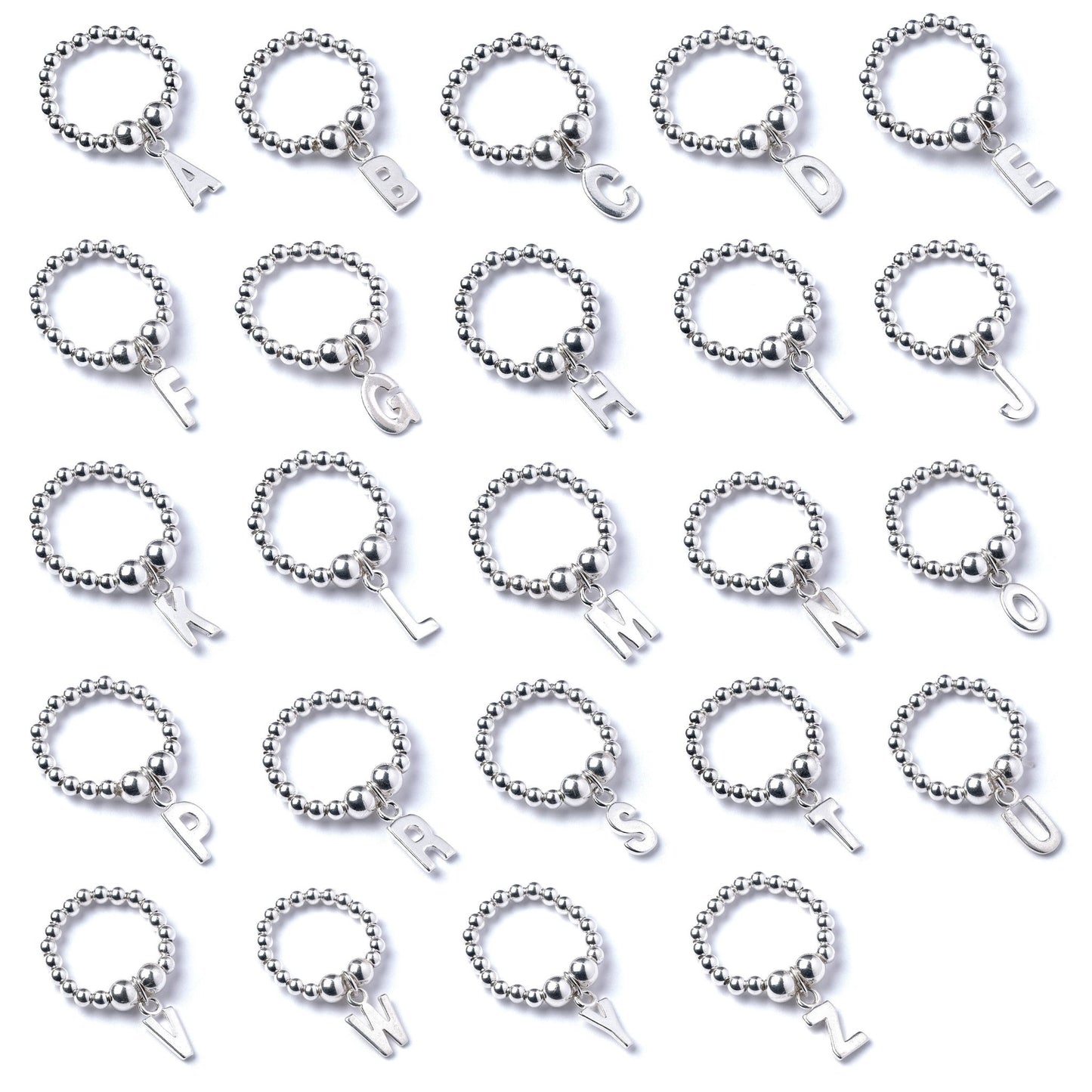 Letter Initial Charm on Silver Ball Bead Ring - MYLEE London
