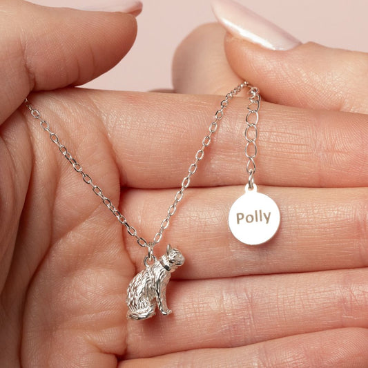Long - Haired Cat Silver Necklace - Personalised - MYLEE London