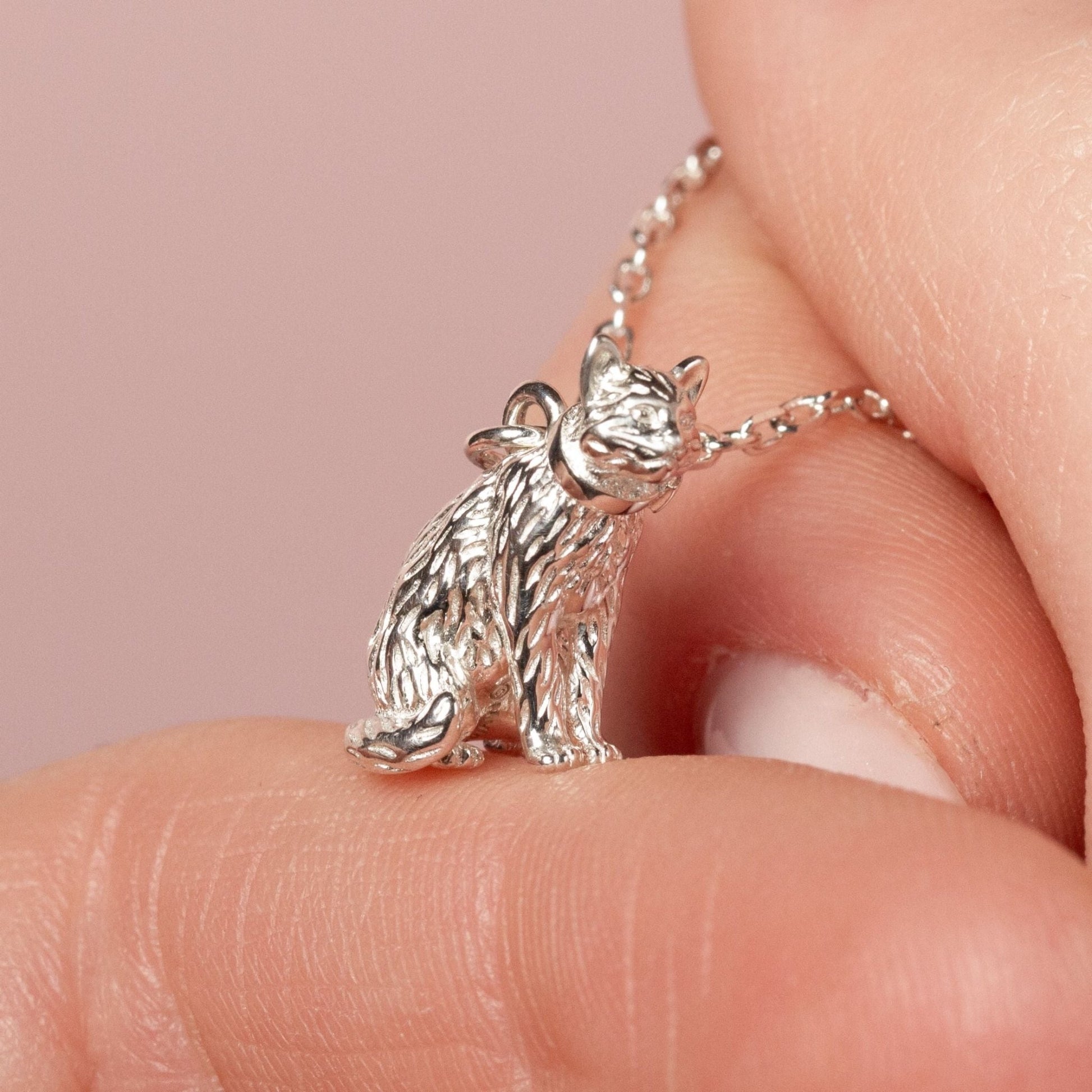 Long - Haired Cat Silver Necklace - Personalised - MYLEE London