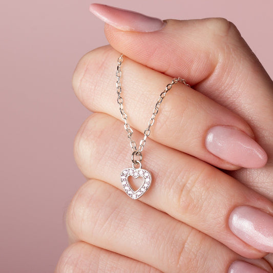 Pink Crystal Heart Necklace - Sterling Silver - MYLEE London