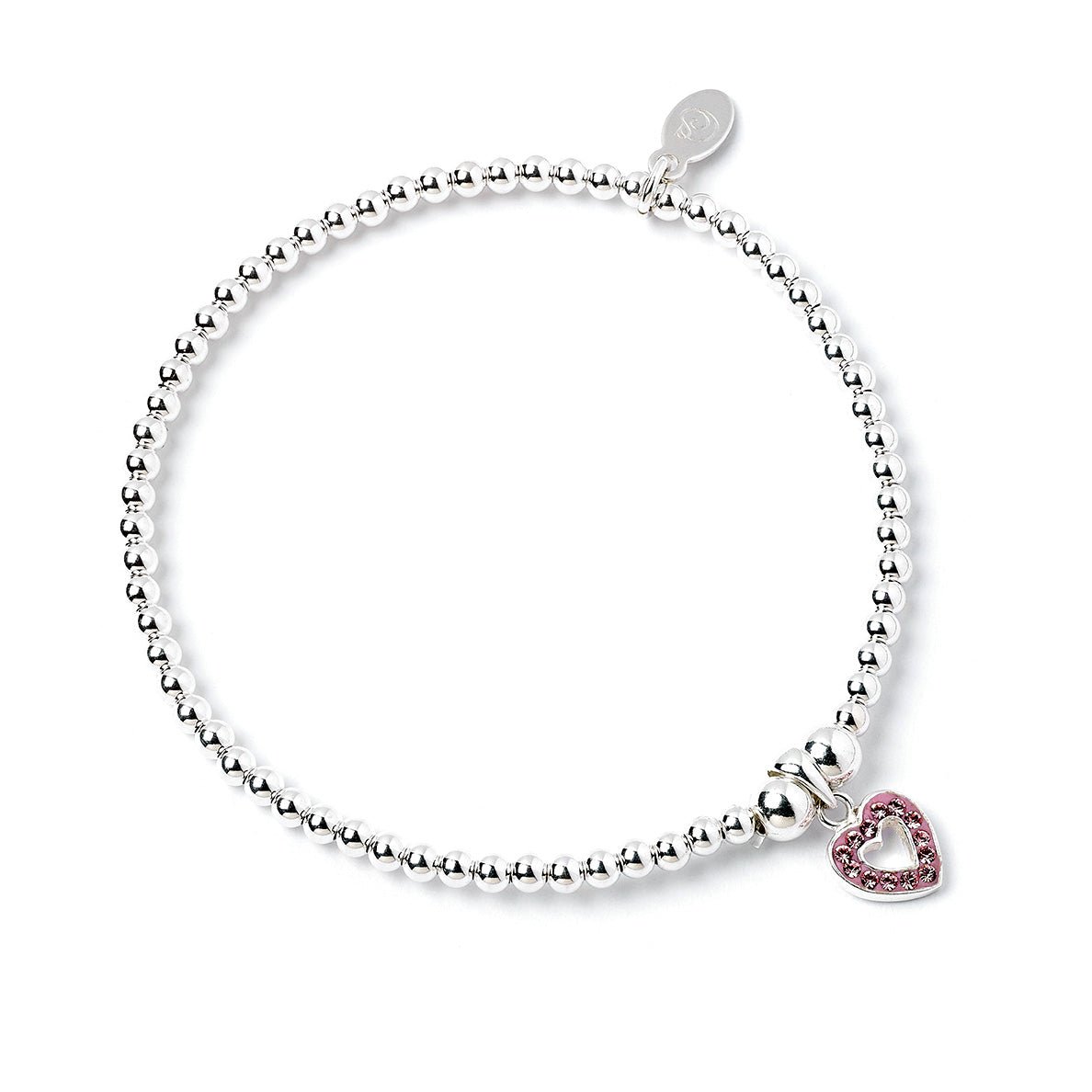 Pink Crystal Heart on Silver Ball Bead Bracelet - MYLEE London