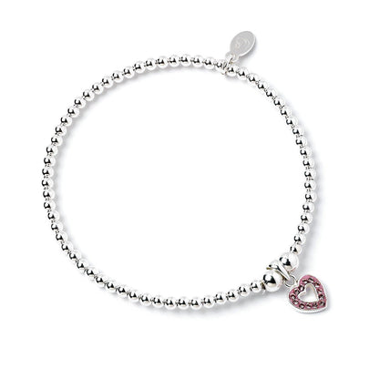 Pink Crystal Heart on Silver Ball Bead Bracelet - MYLEE London