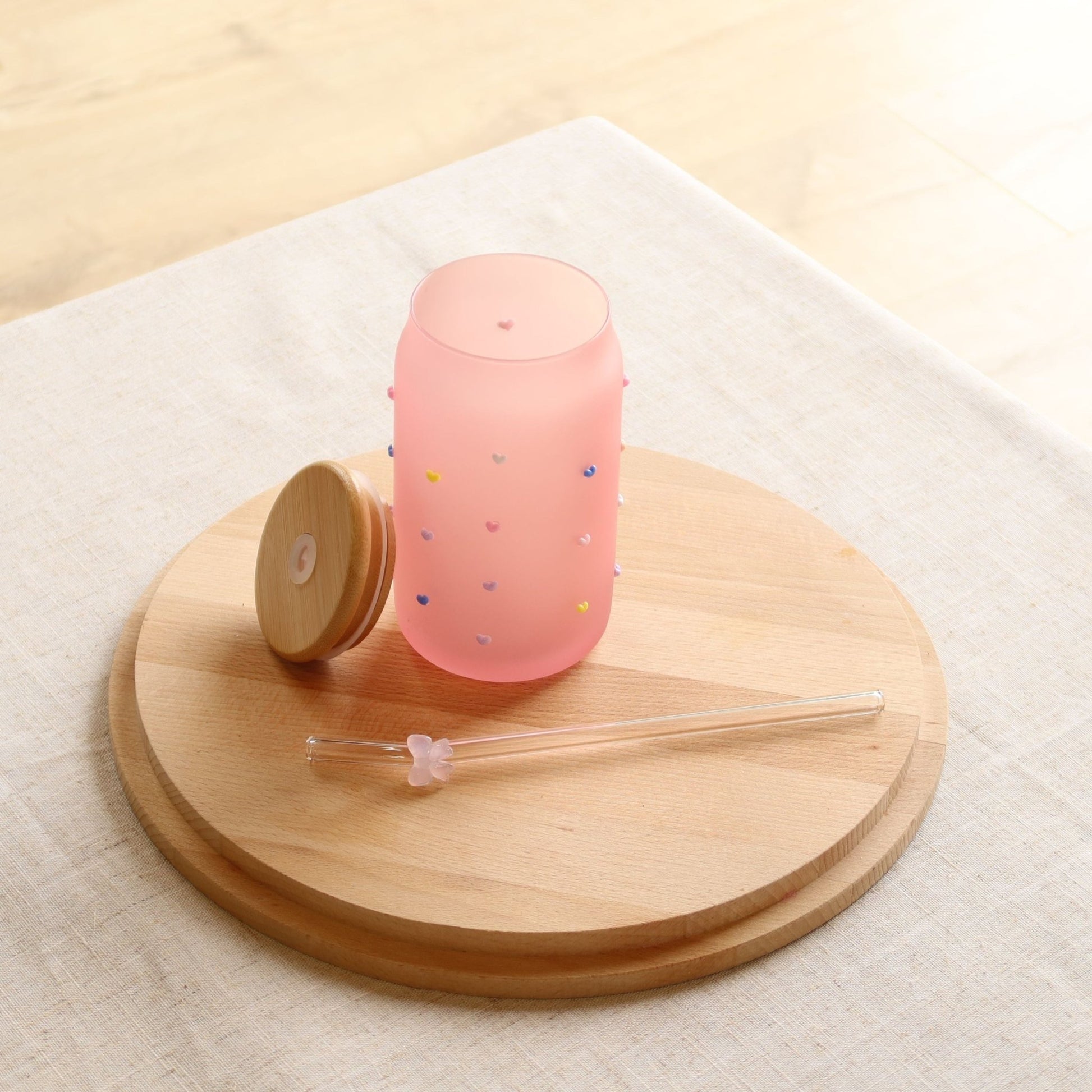 Pink Frosted Multicoloured Heart Jar with Wooden Lid and Pink Bow Straw - MYLEE London