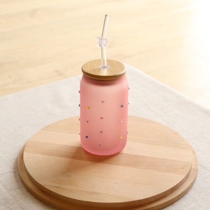 Pink Frosted Multicoloured Heart Jar with Wooden Lid and Pink Bow Straw - MYLEE London