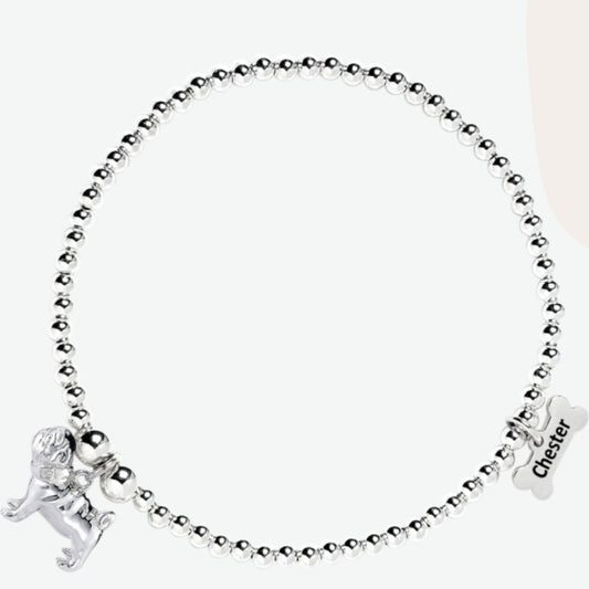 Pug Silver Ball Bead Bracelet - Personalised - MYLEE London