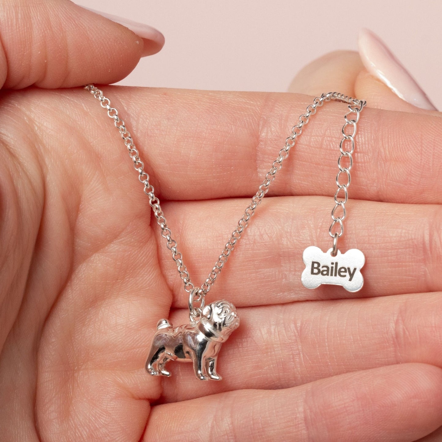 Pug Silver Necklace - Personalised - MYLEE London