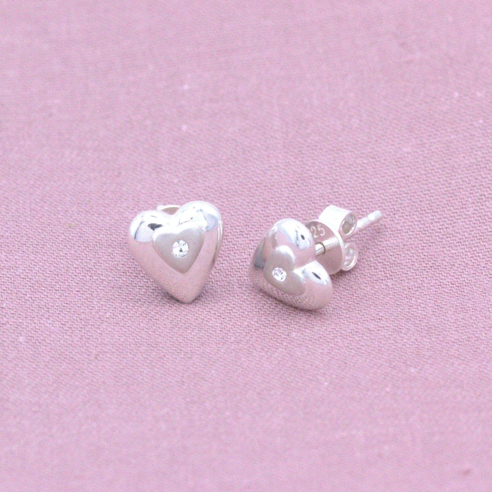 Sterling Silver Embedded Crystal Heart Stud Earrings - MYLEE London