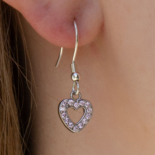 Sterling Silver Pink Crystal Heart Earrings - MYLEE London