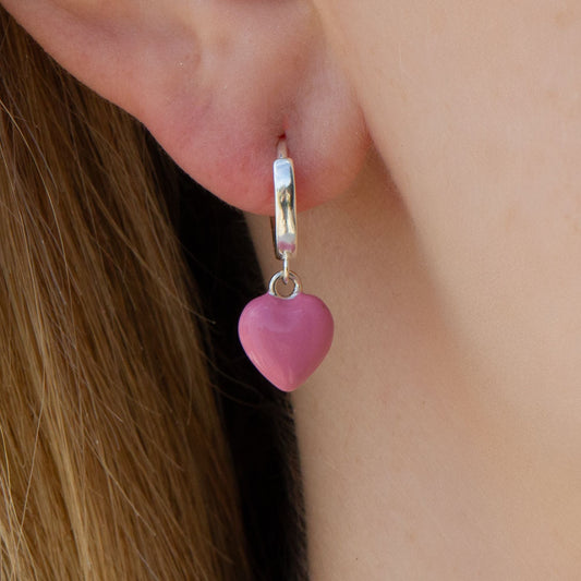 Sterling Silver Pink Enamelled Heart Earrings - MYLEE London